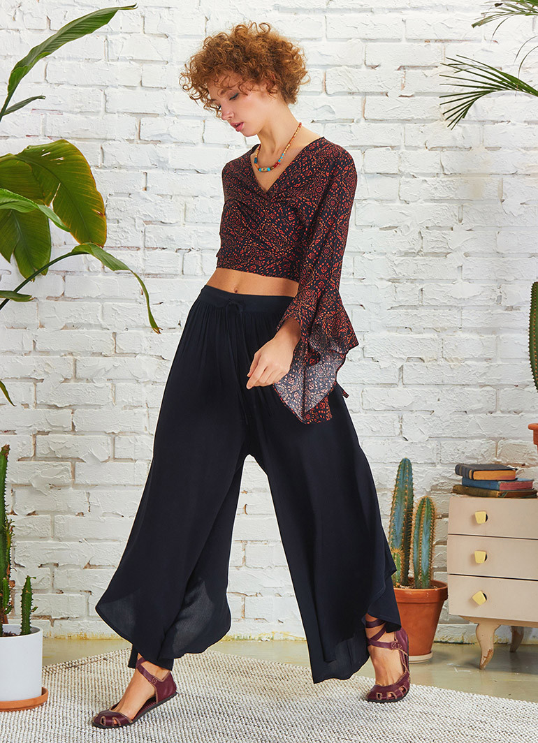 Boho Style Draw String Black Wide Leg Loose Pants