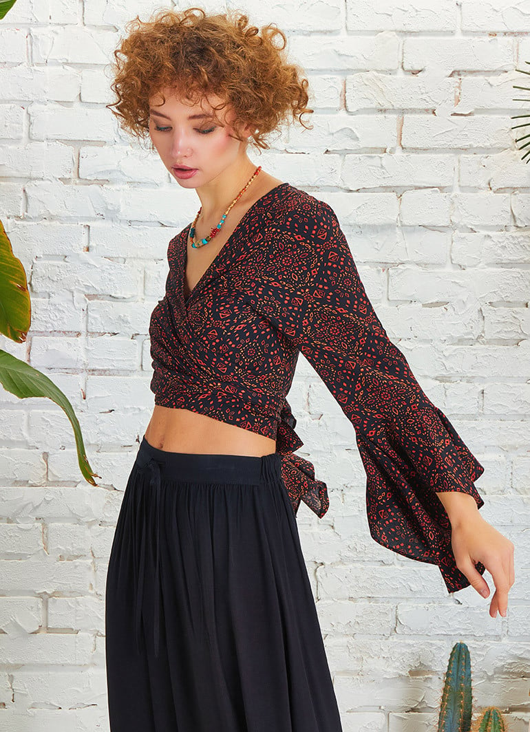 Brown Patterned Gypsy Style Bell Sleeve Crop Top