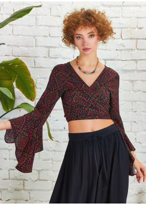 Brown Patterned Gypsy Style Bell Sleeve Crop Top