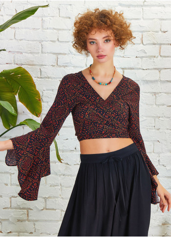 Brown Patterned Gypsy Style Bell Sleeve Crop Top