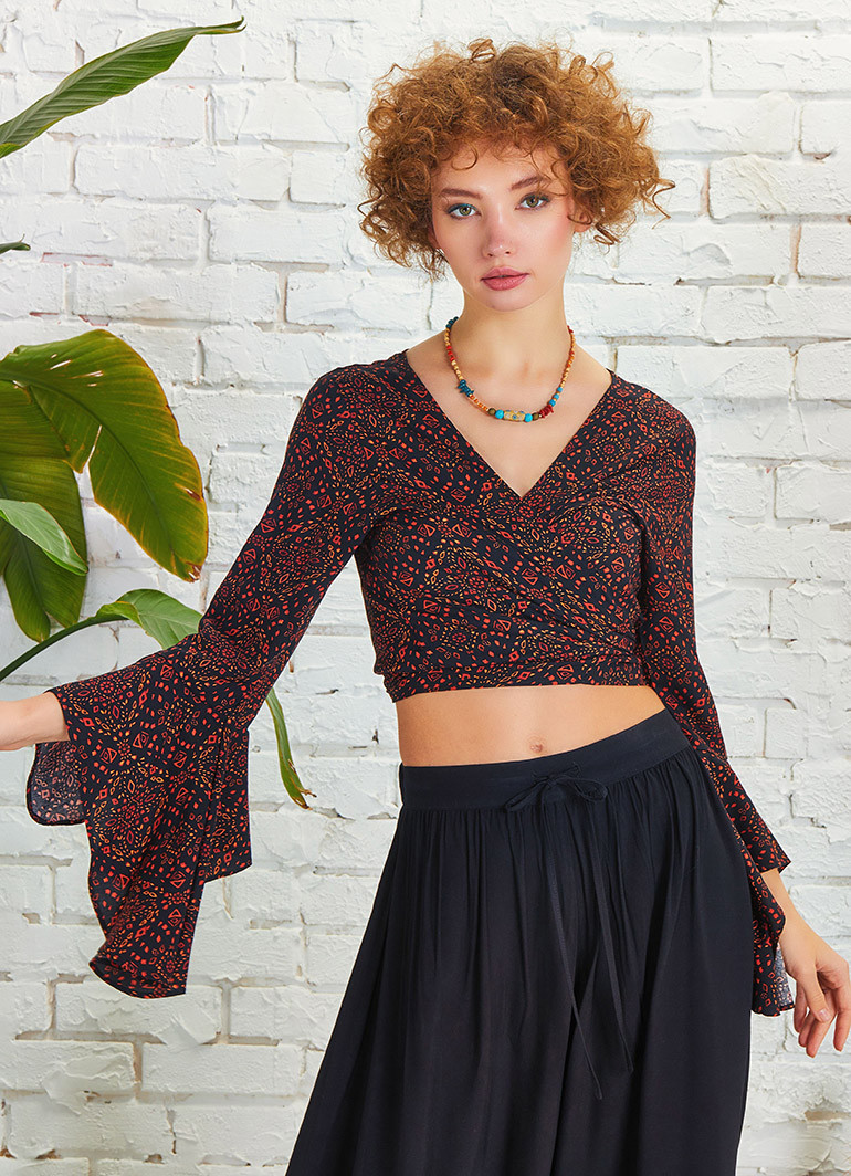 Brown Patterned Gypsy Style Bell Sleeve Crop Top | Wholesale Boho Clothing