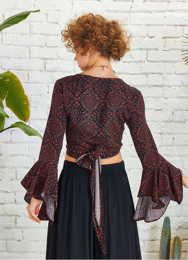 Brown Patterned Gypsy Style Bell Sleeve Crop Top
