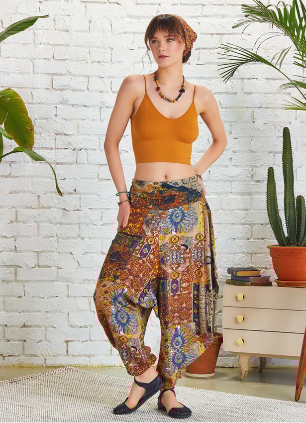 Women Gray Patterned Baggy Pants with Draped