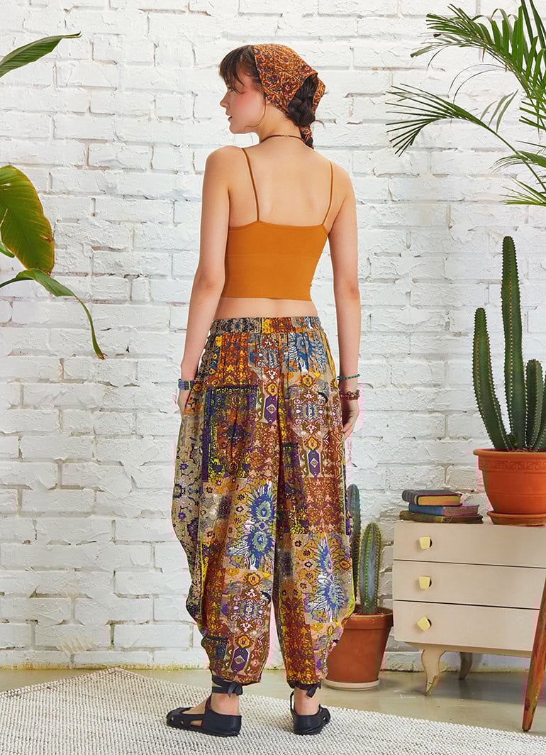 Women Gray Patterned Baggy Pants with Draped Wholesale Boho Clothing