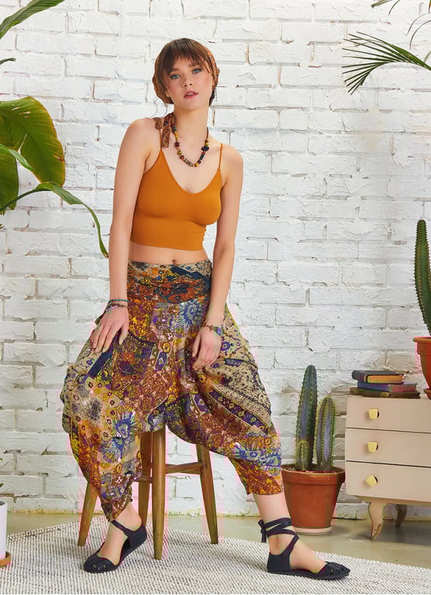 Women Gray Patterned Baggy Pants with Draped