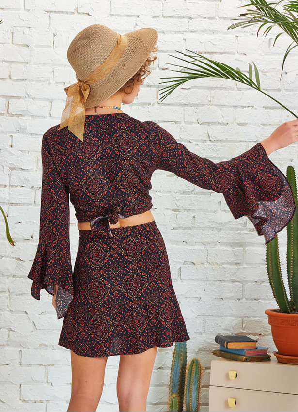 Boho Chic Flared Wrap Print Mini Skirt
