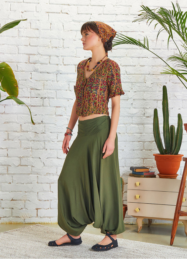 Draped Front Detail Elastic Waist Khaki Salwar Pants
