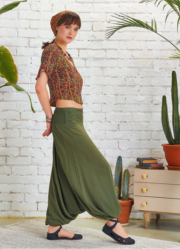 Draped Front Detail Elastic Waist Khaki Salwar Pants