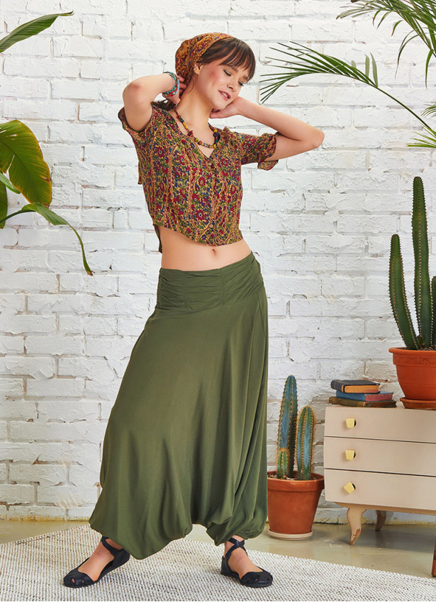 Draped Front Detail Elastic Waist Khaki Salwar Pants