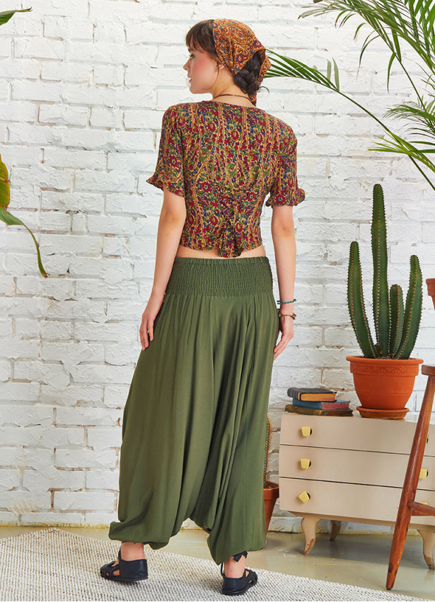 Draped Front Detail Elastic Waist Khaki Salwar Pants