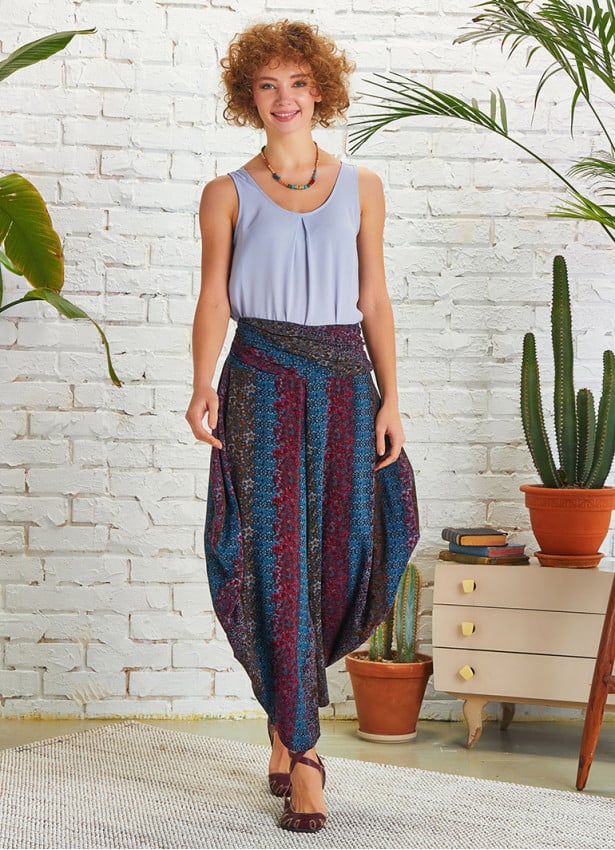 Women Anthracite Patterned Baggy Pants with Draped
