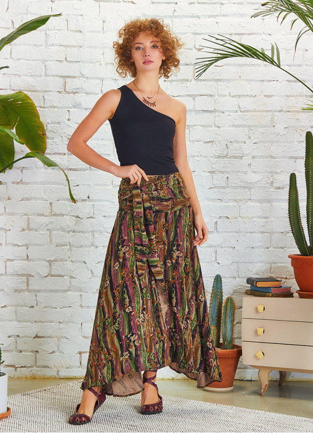 Shabby Ethnic Patterned Asymmetric Skirt
