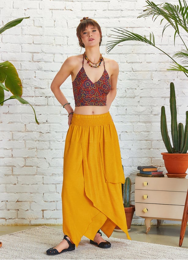 Smocked Waist Layered Yellow Maxi Boho Skirt