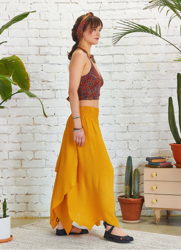 Smocked Waist Layered Yellow Maxi Boho Skirt