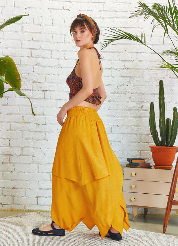 Smocked Waist Layered Yellow Maxi Boho Skirt