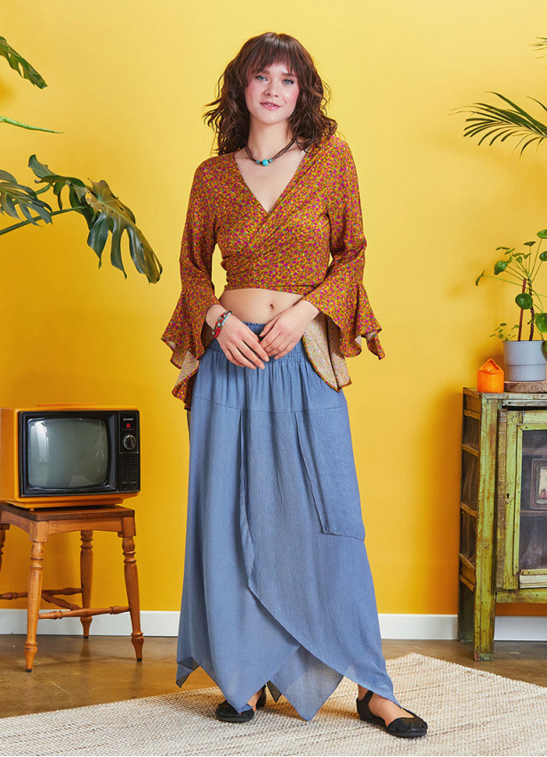 Smocked Waist Layered Blue Maxi Boho Skirt