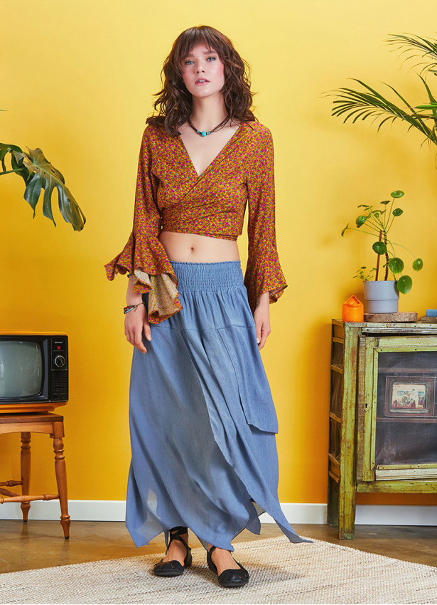 Smocked Waist Layered Blue Maxi Boho Skirt