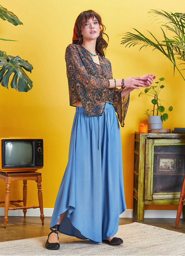 Boho Style Draw String Blue Wide Leg Loose Pants
