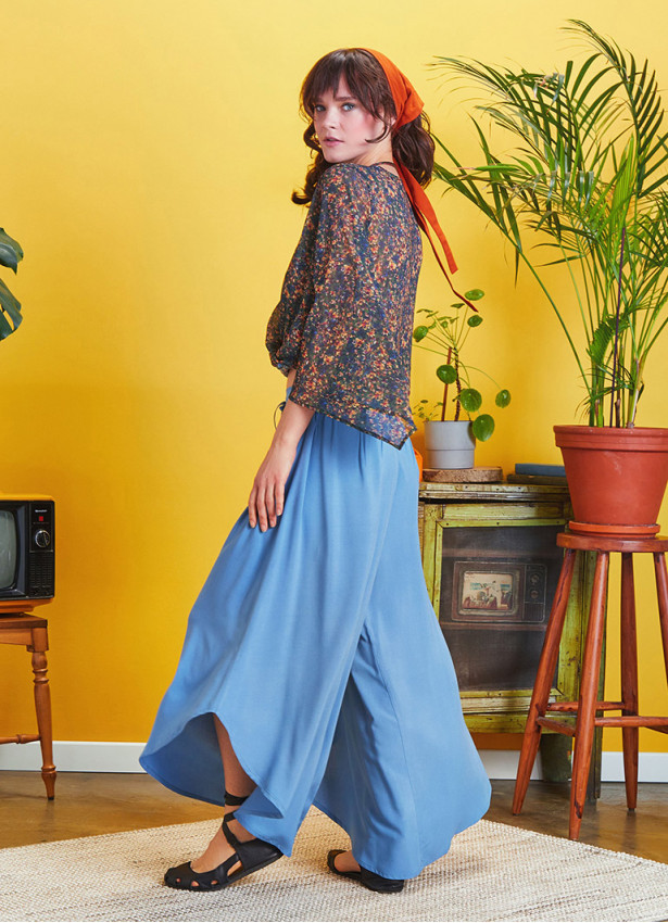 Boho Style Draw String Blue Wide Leg Loose Pants