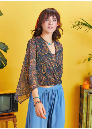 Wrap Front Chiffon Blue Floral Bell Sleeve Top