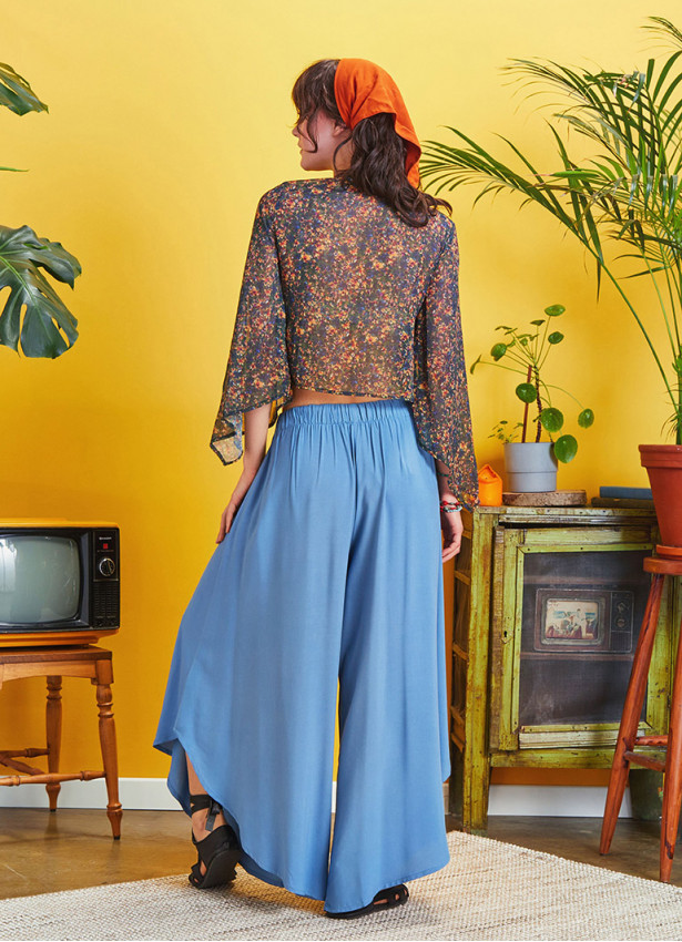 Boho Style Draw String Blue Wide Leg Loose Pants