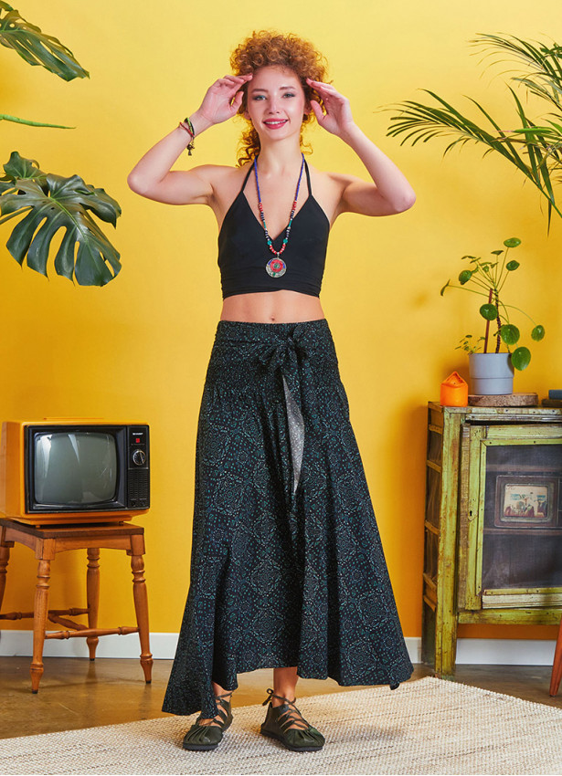Green Patterned Loose Asymmetric Skirt