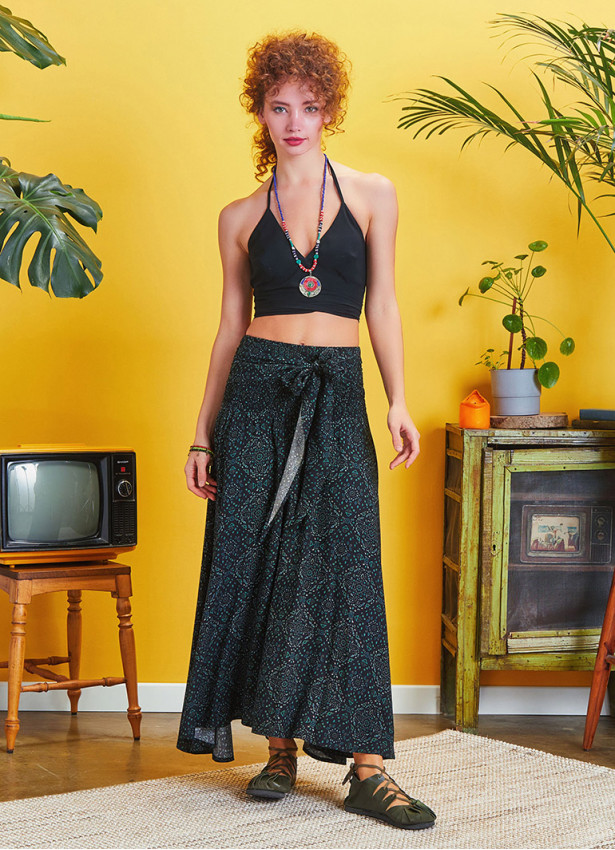 Green Patterned Loose Asymmetric Skirt