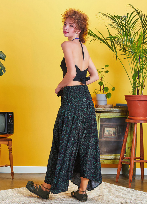Green Patterned Loose Asymmetric Skirt