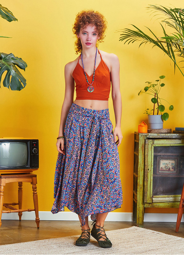 Blue Patterned Asymmetrical Hem Flowy Midi Skirt