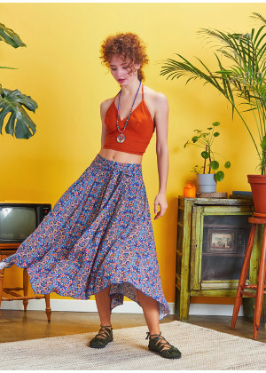 Blue Patterned Asymmetrical Hem Flowy Midi Skirt