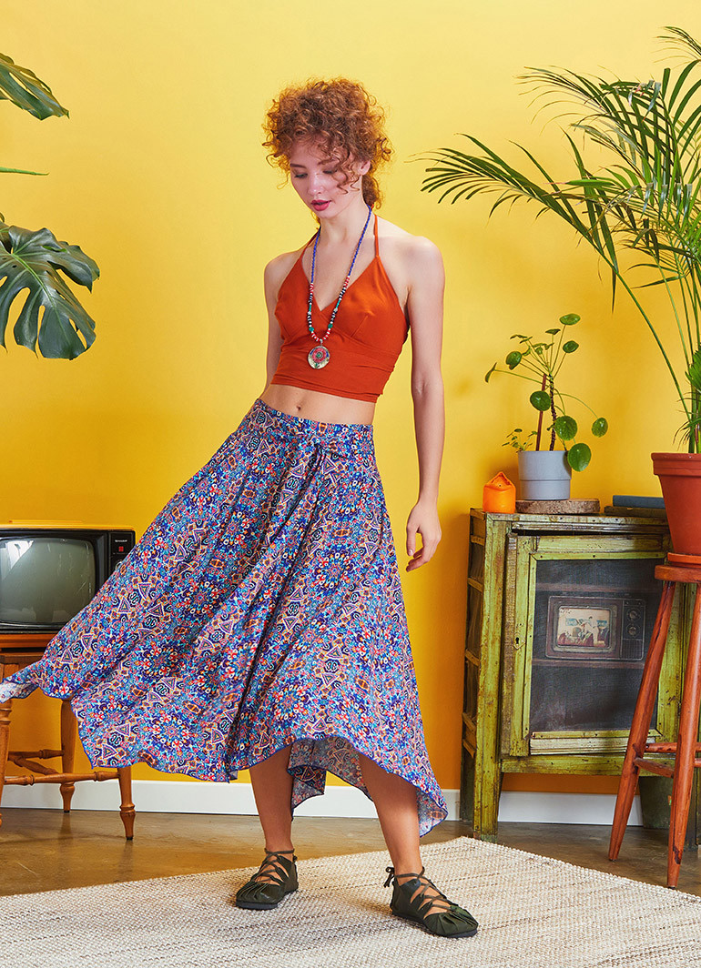 Blue Patterned Asymmetrical Hem Flowy Midi Skirt | Wholesale Boho Clothing