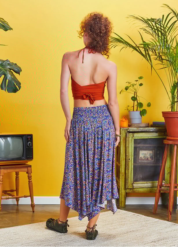 Blue Patterned Asymmetrical Hem Flowy Midi Skirt