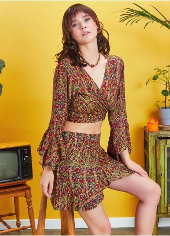 Authentic Patterned Gypsy Style Bell Sleeve Crop Top