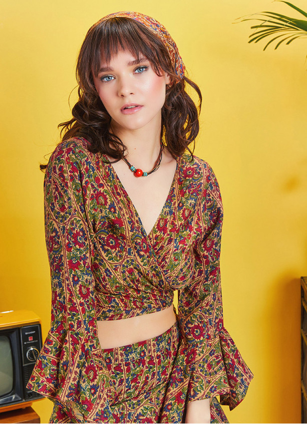 Authentic Patterned Gypsy Style Bell Sleeve Crop Top