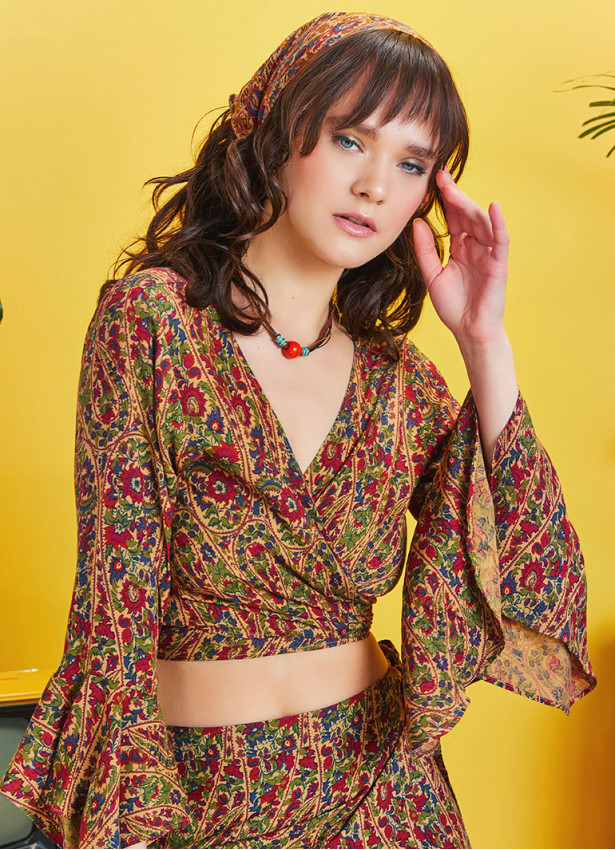 Authentic Patterned Gypsy Style Bell Sleeve Crop Top