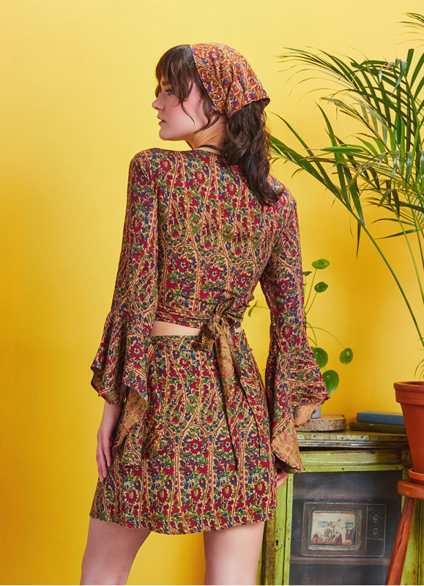 Authentic Patterned Gypsy Style Bell Sleeve Crop Top