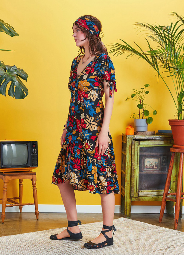 Tie Cuff Boho Chic Black Floral Ruffled Dress