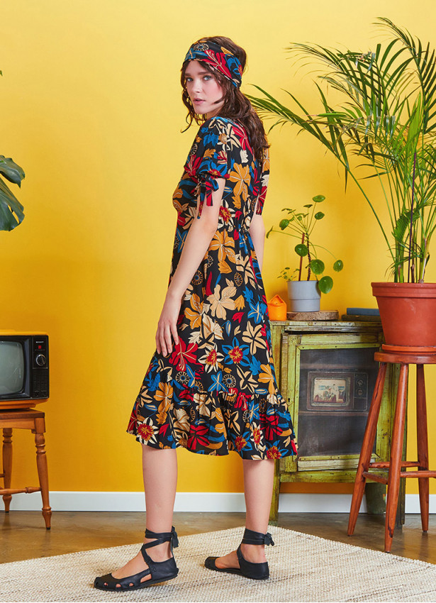 Tie Cuff Boho Chic Black Floral Ruffled Dress