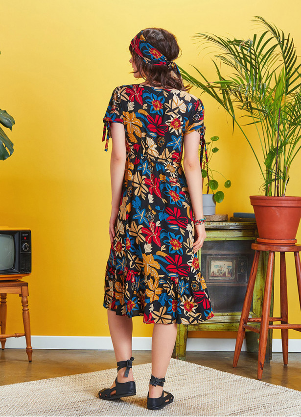 Tie Cuff Boho Chic Black Floral Ruffled Dress