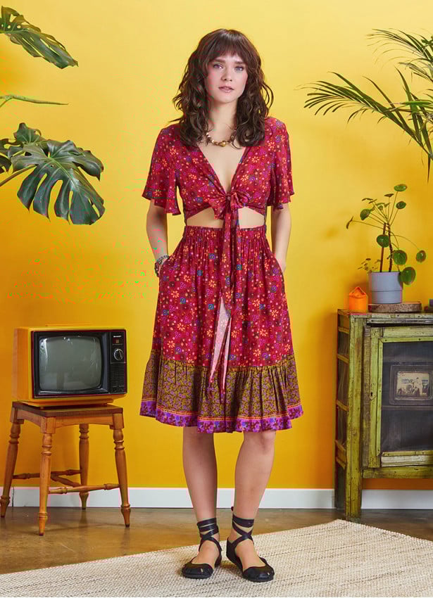 Border Hem Detail Tie Front Red Floral Summer Dress