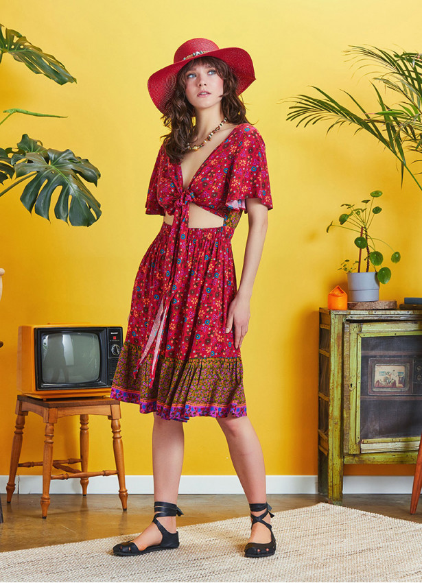 Border Hem Detail Tie Front Red Floral Summer Dress