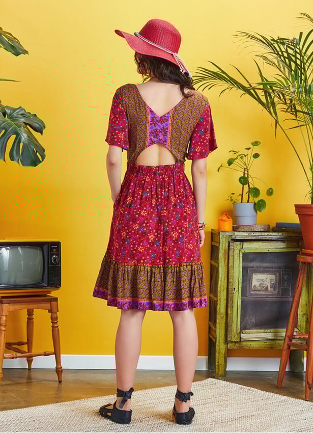 Border Hem Detail Tie Front Red Floral Summer Dress
