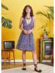 Blue Patterned Tie Neck Gathered Waist Bohemian Skater Dress