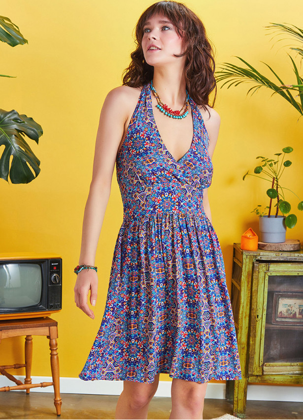 Blue Patterned Tie Neck Gathered Waist Bohemian Skater Dress