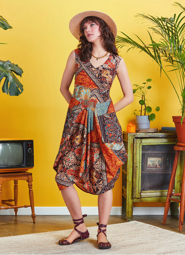 Authentic Brown Patterned Deep V-Neck Dress