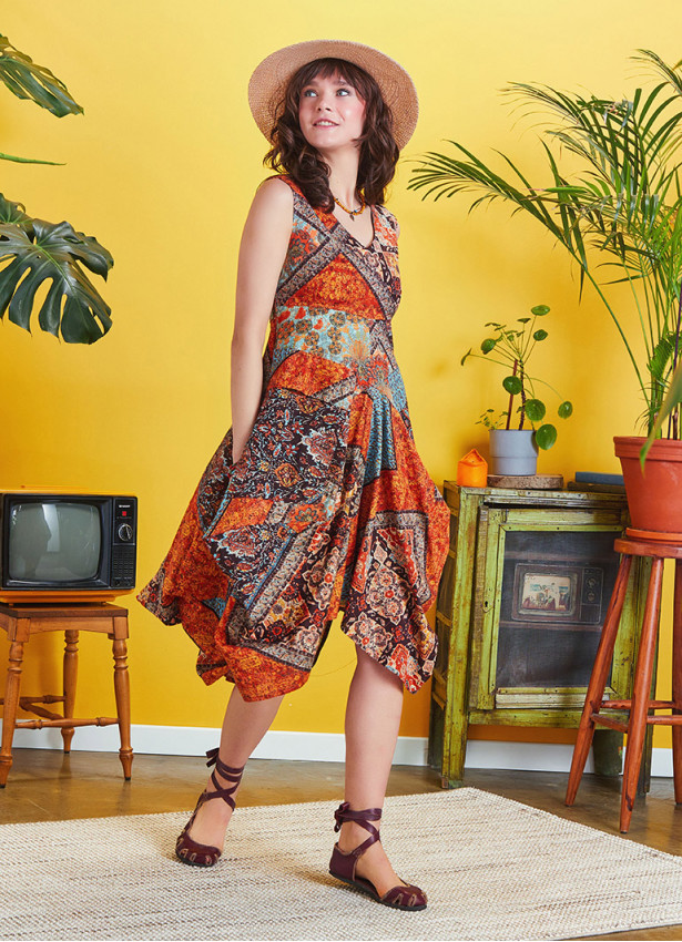 Authentic Brown Patterned Deep V-Neck Dress