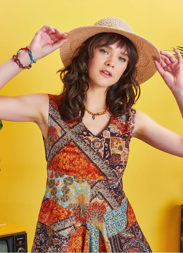 Authentic Brown Patterned Deep V-Neck Dress