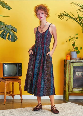 Bohemian Style Buttoned Wide Strap Long Patterned Dress