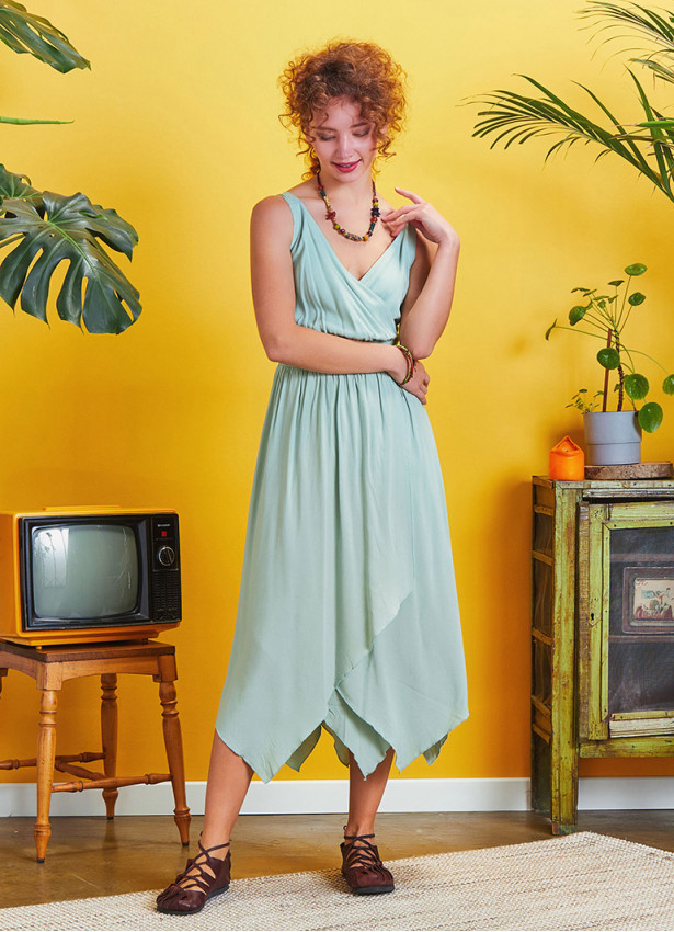 Double Breasted Collar Layered Boho Light Green Dress