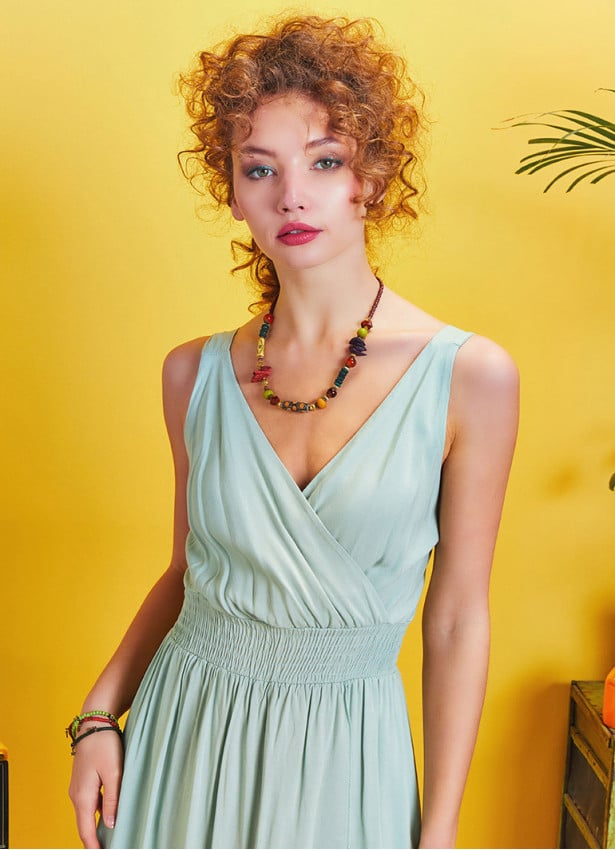 Double Breasted Collar Layered Boho Light Green Dress